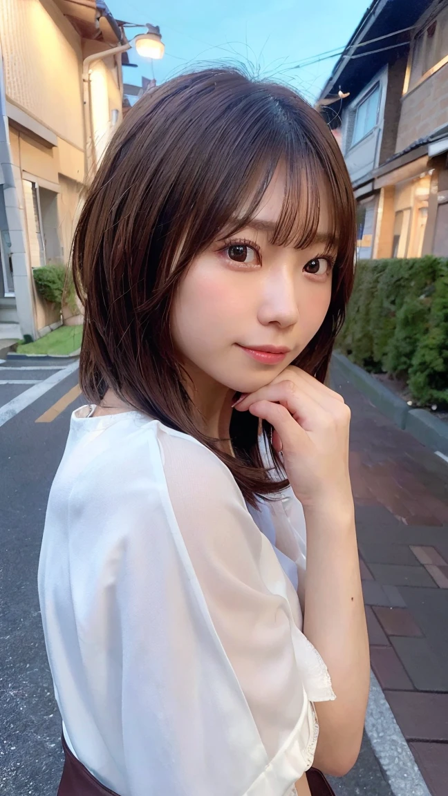 (Highest quality,masterpiece:1.3,High resolution,),(Very detailed,Caustics),(Realistic:1.4,RAW shooting,)Ultra-Realistic Capture,Very detailed,人間の肌に適したHigh resolution16K、 Natural skin texture、、Skin tone is even and healthy looking、 Use natural light and colour,One Woman,Japanese,,cute,Brown Hair,Mid-length hair,(Written boundary depth、chromatic aberration、、Wide range of lighting、Natural Shading、)、(Outdoor lighting at night:1.4)、(Hair swaying in the wind:1)、short hair、Outward flicked edge,