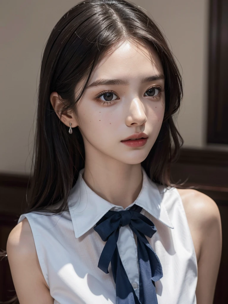 absurdres, RAW photo, extremely delicate and beautiful, masterpiece, Best Quality, ultra high resolution, 32k, hyperrealistic, ultra-detailed, perfect anatomy, super Detailed skin, perfect figure, Super Beauty, Perfect Style, Perfect balance, Beautiful Lighting, Perfect Lightning, Realistic Shadows, 20 years old, very Slim body, narrow waist, very small head, very small face, delicate facial features, handsome detailed woman, very detailed eyes and face, realistic face proportions, Realistic beautiful face, Realistic beautiful eyes, tearful mole, earring, very huge round breasts, medium hair, asymmetrical hair, (full body shot:1.2), (school_uniform), collared shirt, sleeveless,
