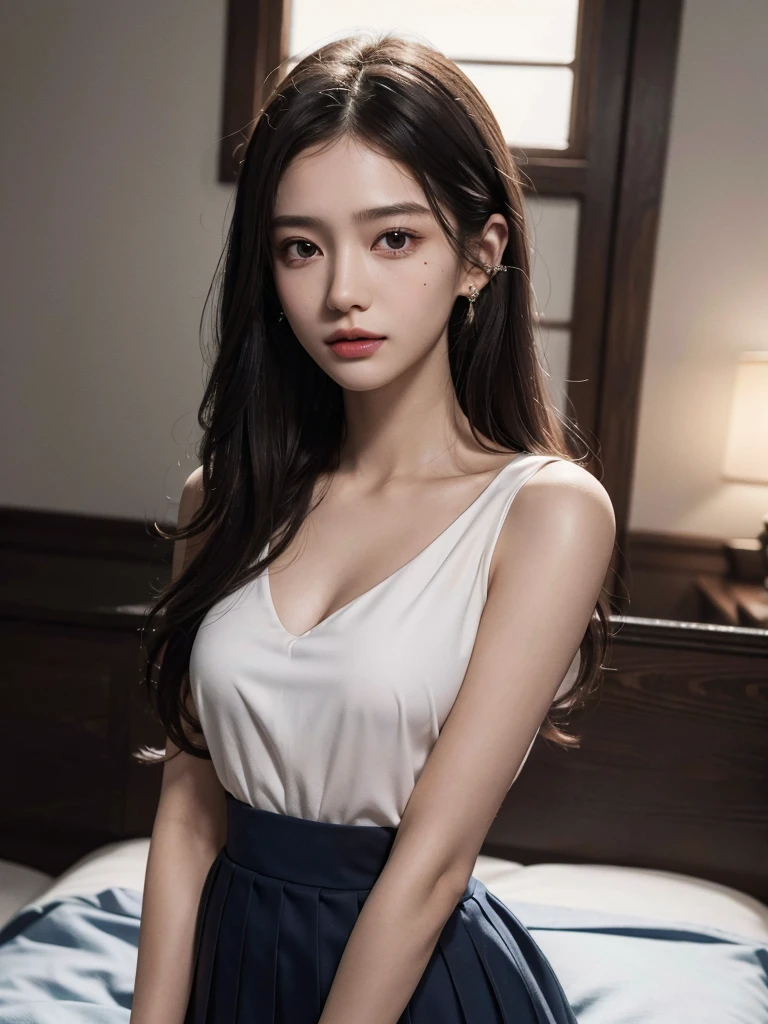 RAW photo, extremely delicate and beautiful, masterpiece, Best Quality, ultra high resolution, 16k, hyperrealistic, ultra-detailed, Very detailed CG 8k wallpaper, Beautiful Lighting, Perfect Lightning, Realistic Shadows, perfect anatomy, super Detailed shiny skin, perfect figure, Japanese woman, late 20s, very Slim body, narrow waist, very small head, handsome detailed woman, very detailed eyes and face, realistic face proportions, Stunning detailed eyes, Realistic beautiful face, very small face, Realistic small beautiful eyes, double eyelids, makeup, tearful mole, mole on chest, earring, bare legs, beautiful and very thin legs, beautiful and very thin thighs, ((very huge round breasts)), ((full body shot)), (short hair), wavy hair, ((secretary uniform)), lying on back