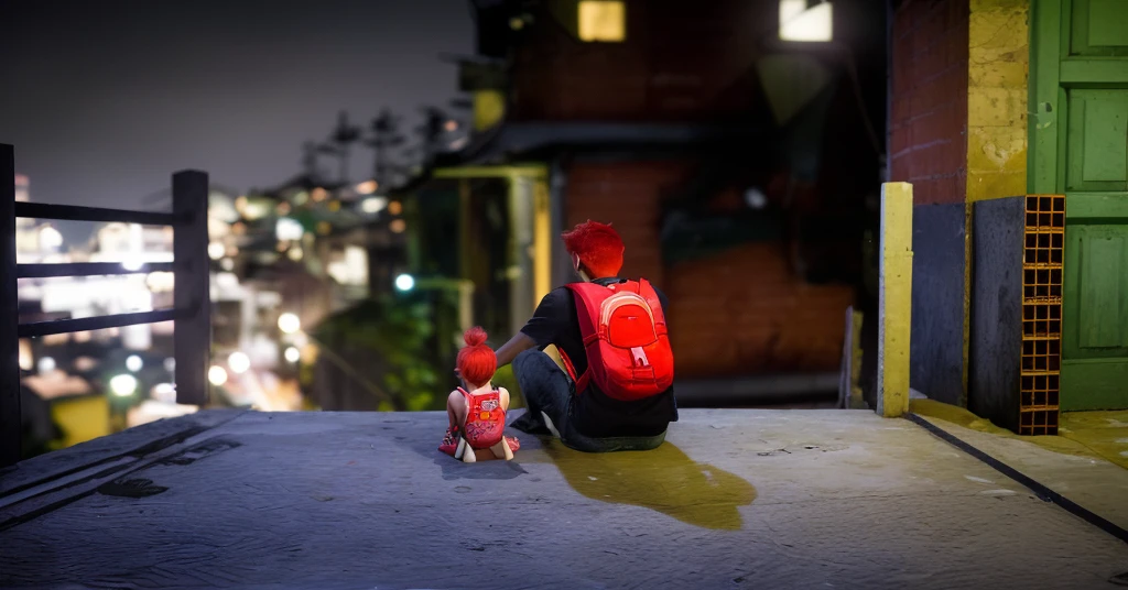 favela boy with red hair and a red backpack.  with pink hair with a red backpack