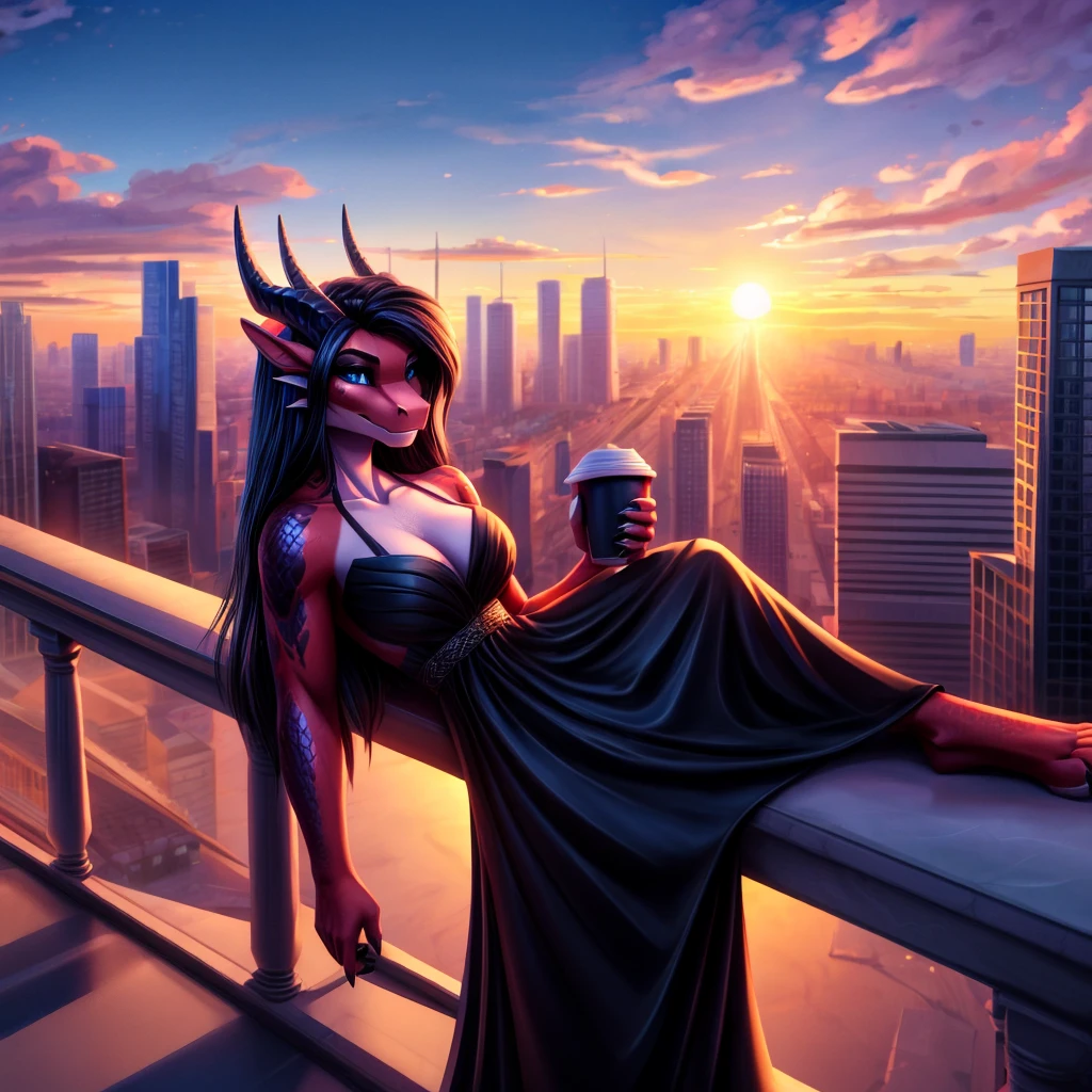 Anthro dragon, red-skinned, female, (Detailed scales: 1.2), solo, 1 person, 8k, 4k, (masterpiece: 1.4), (best quality: 1.4), (illustration: 1.2), (cinematic lighting: 1.3), (Ultra detailed: 1.7), long, flowing black hair, she smirks confidently out at a sprawling city skyline, black silk dress, dark blue-gray eyes, holding a cup of hot coffee, polished black pair of horns, leaning on the railing on skyscraper roof, sunrise rising behind her