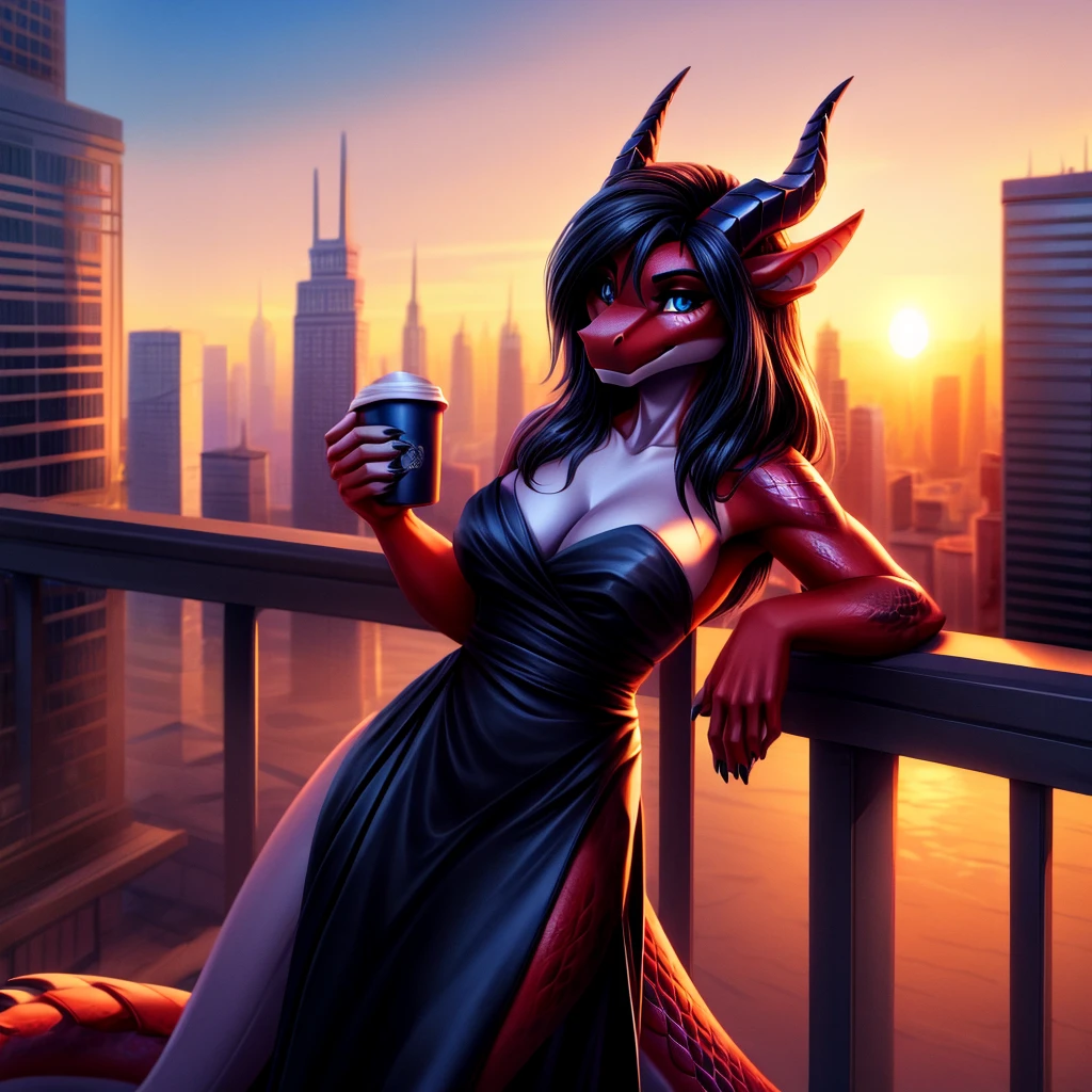 Anthro dragon, red-skinned, female, (Detailed scales: 1.2), solo, 1 person, 8k, 4k, (masterpiece: 1.4), (best quality: 1.4), (illustration: 1.2), (cinematic lighting: 1.3), (Ultra detailed: 1.7), long, flowing black hair, she smirks confidently out at a sprawling city skyline, black silk dress, dark blue-gray eyes, holding a cup of hot coffee, polished black pair of horns, leaning on the railing on skyscraper roof, sunrise rising behind her