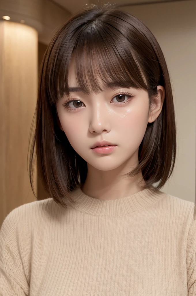 masterpiece、1 beautiful girl、Detailed eyes、Puffy eyes、Highest quality, 超High resolution, (Reality: 1.4), Cinema Lighting、Asian Beauty、Korean、Super Beauty、Beautiful Skin、Slender、(Surreal)、(High resolution)、(8k)、(Very detailed)、(Beautiful and detailed eyes)、(Ultra-detailed)、 (wall-)、Detailed face、Bright lighting、Professional Lighting、View your viewers、Diagonal bangs、Brown Hair、Short Hair、Age 19、expensive, Scared, Crying face、Worried brow