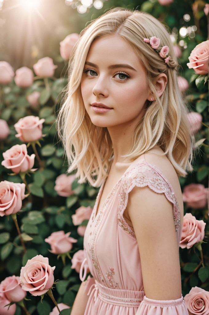 8k, RAW photo, Fujifilm, style photo of a beautiful young woman as avril in a garden of light pink roses (highly detailed skin: 1.2) Style-Petal BREAK short hair, blonde hair with colored locks, wearing a dress, film granulation, 35mm, cute style
