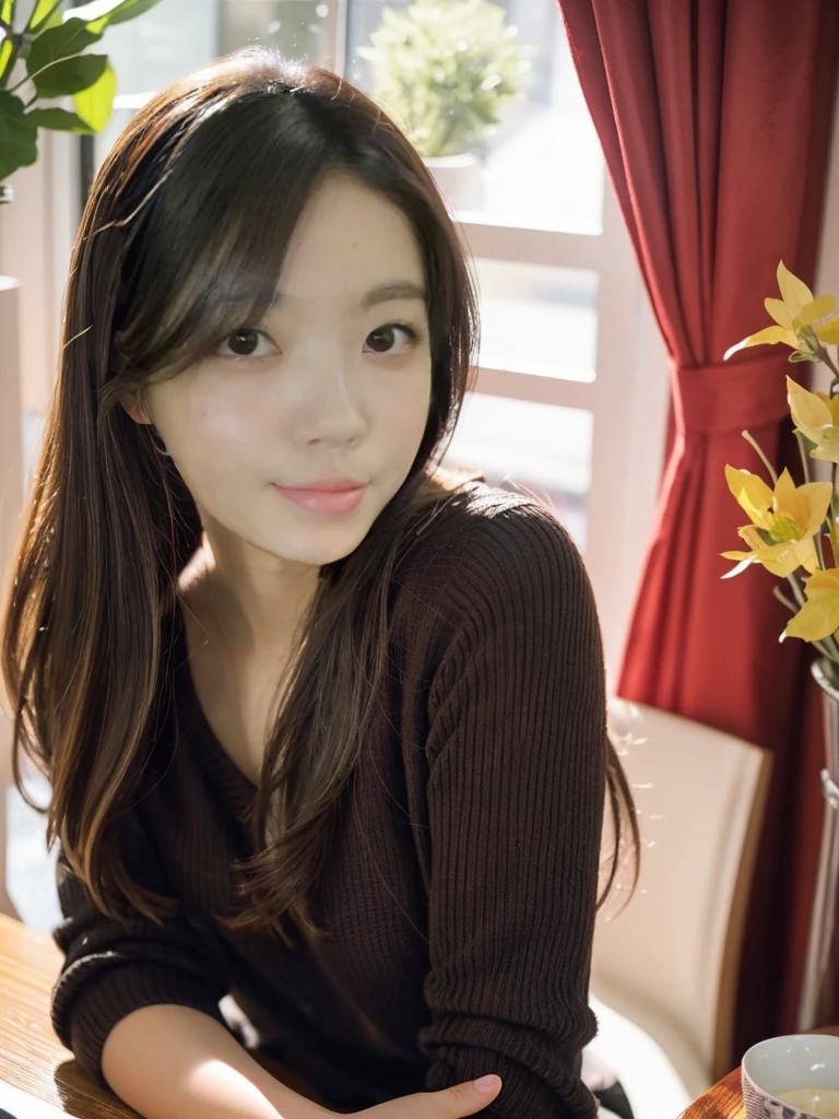 In detail, High resolution, high quality、Perfect dynamic composition, Beautiful attention to detail, Medium Hair, 、Natural color lip,Kamimei、Shibuya Ward、company employee、1 person、Transparent muscle、Shiny Hair、Tabletop, 最high quality, shape, Ultra-detailed details, High resolution, 8k,sweater(light brown)And a long skirt(black),Support your chin with both hands,Anatomically correct,cute,Perfect and beautiful hands,smile