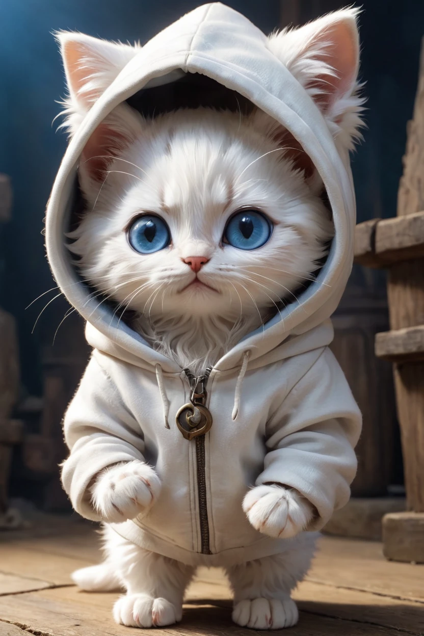  small, かわいいto be bornき物, Wearing a hoodie, whole body, , Are standing, Costume,  Fantasy art, Exquisite detail, Jean-Baptiste Monge Style, Alan Lee Style, Anthropomorphic blue-eyed white furry kitten, Movie Scenes, Dramatic shot angles, , Realistic, to be born々Stunning cinematic photorealism, Action Portrait, 8k, detailed, Full Frame