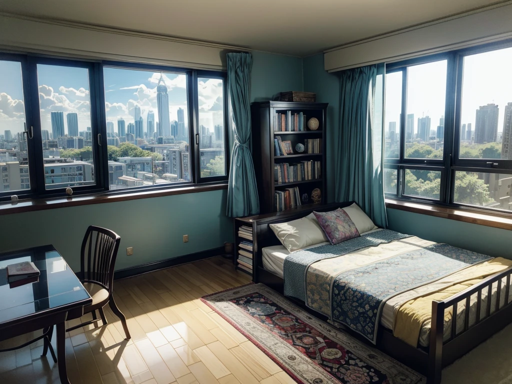 8K超HD图片真实照片，sun sunshine blue sky white clouds，Circular glass house，Glass House，房间里有一张柠檬黄的big bed，这里There is a table，TV，There is a bookcase，curtain，carpet，Terrace，Rooftop，Bookcase Bookshelf Sofa，Large glass windows all around，Overlooking the panoramic view，最重要的是有一张big bed，Outside the window is the city scenery and tall buildings 8K quality，Best quality，masterpiece，HD，Super rich detail，detailed，Comfortable bedroom，Large Windows，Floor-to-ceiling windows，big bed，There are pillows on the bed，Quilt，Essas roupas，notebook，There is a cabinet next to it，There are bookcases，There is a table，There are chairs，There are flowers，There is a wardrobe，There was a sofa，有carpet，There are many books，Overall very comfortable，extremely clean，very useful，Large Windows，The scenery outside the window，There are various other flowers，and vegetable garden，There are a variety of vegetables inside，超HD真实感，Live photos，The overall color is mainly blue-green，Strong realism