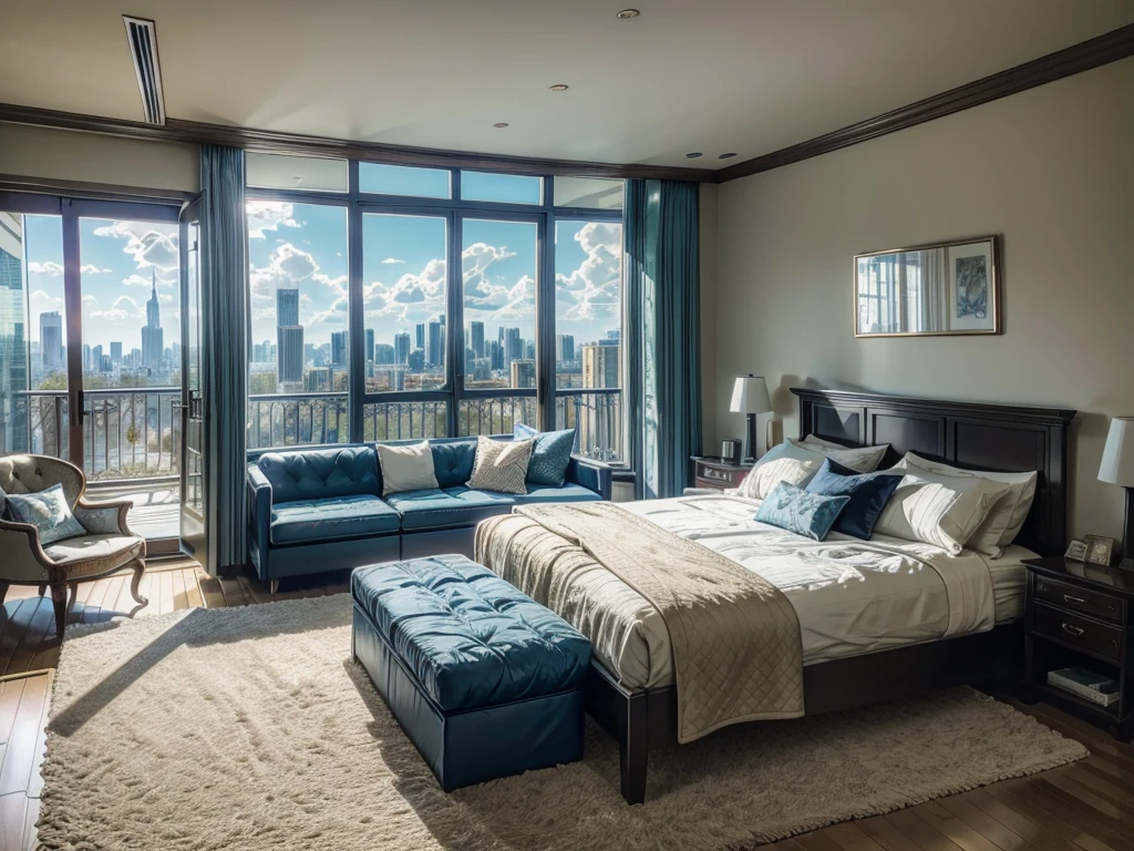 8K超HD图片真实照片,sun sunshine blue sky white clouds,Circular glass house,Glass House,房间里有一张柠檬黄的big bed,这里There is a table,TV,There is a bookcase,curtain,carpet,Terrace,Rooftop,Bookcase Bookshelf Sofa,Large glass windows all around,Overlooking the panoramic view,最重要的是有一张big bed,Outside the window is the city scenery and tall buildings 8K quality,Best quality,masterpiece,HD,Super rich detail,detailed,Comfortable bedroom,Large Windows,Floor-to-ceiling windows,big bed,There are pillows on the bed,Quilt,Essas roupas,notebook,There is a cabinet next to it,There are bookcases,There is a table,There are chairs,There are flowers,There is a wardrobe,There was a sofa,有carpet,There are many books,Overall very comfortable,extremely clean,very useful,Large Windows,The scenery outside the window,There are various other flowers,and vegetable garden,There are a variety of vegetables inside,超HD真实感,Live photos,The overall color is mainly blue-green,Strong realism
