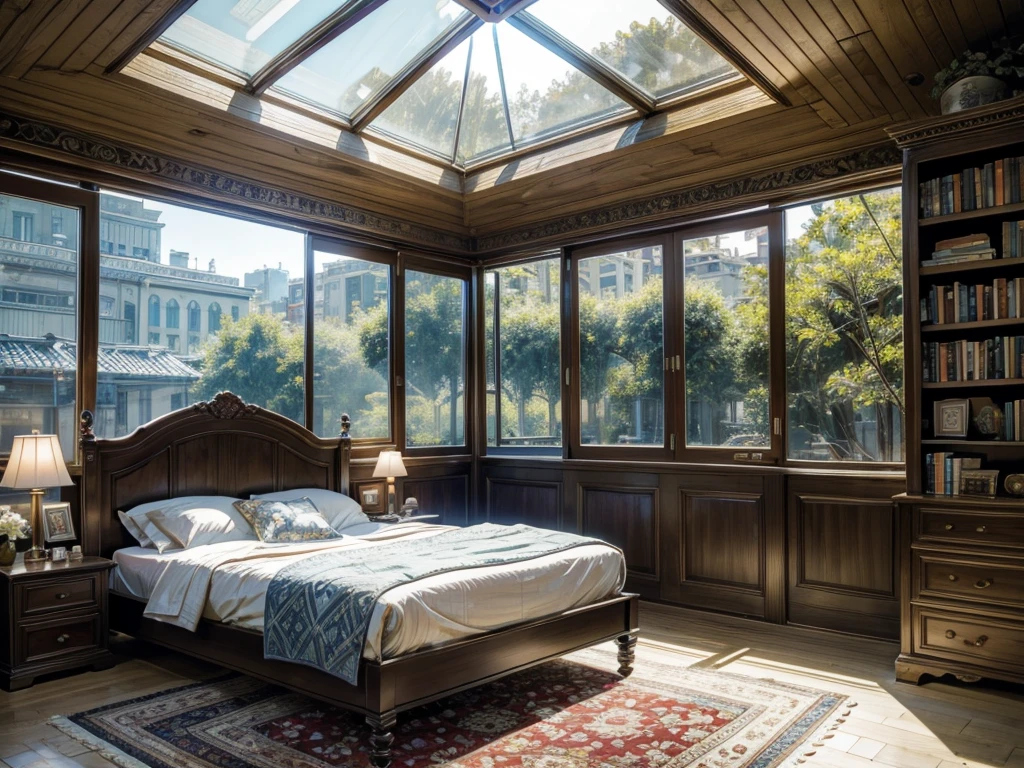 8K超HD图片真实照片,sun sunshine blue sky white clouds,Circular glass house,Glass House,房间里有一张柠檬黄的big bed,这里There is a table,TV,There is a bookcase,curtain,carpet,Terrace,Rooftop,Bookcase Bookshelf Sofa,Large glass windows all around,Overlooking the panoramic view,最重要的是有一张big bed,Outside the window is the city scenery and tall buildings 8K quality,Best quality,masterpiece,HD,Super rich detail,detailed,Comfortable bedroom,Large Windows,Floor-to-ceiling windows,big bed,There are pillows on the bed,Quilt,Essas roupas,notebook,There is a cabinet next to it,There are bookcases,There is a table,There are chairs,There are flowers,There is a wardrobe,There was a sofa,有carpet,There are many books,Overall very comfortable,extremely clean,very useful,Large Windows,The scenery outside the window,There are various other flowers,and vegetable garden,There are a variety of vegetables inside,超HD真实感,Live photos,The overall color is mainly blue-green,Strong realism