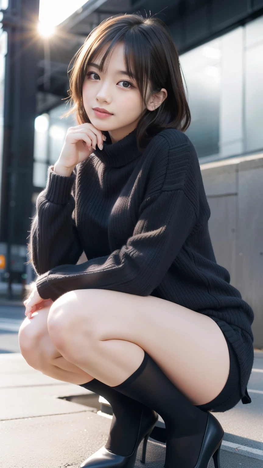 Photos taken by a professional photographer，Close-up of a woman squatting on the sidewalk with her legs crossed, Kiko Mizuhara, Wear a sweater, Shirahime cuts her brown hair, Wear a sweater, Young and pretty girl, Japanese Model, 白いWear a sweater, Chiho, ランダムカラーのカジュアルなWear a sweater,Cute eyed waves for short hair, a Cute young woman, Cute young woman, Black Pantyhose，black tights，Black high heels，