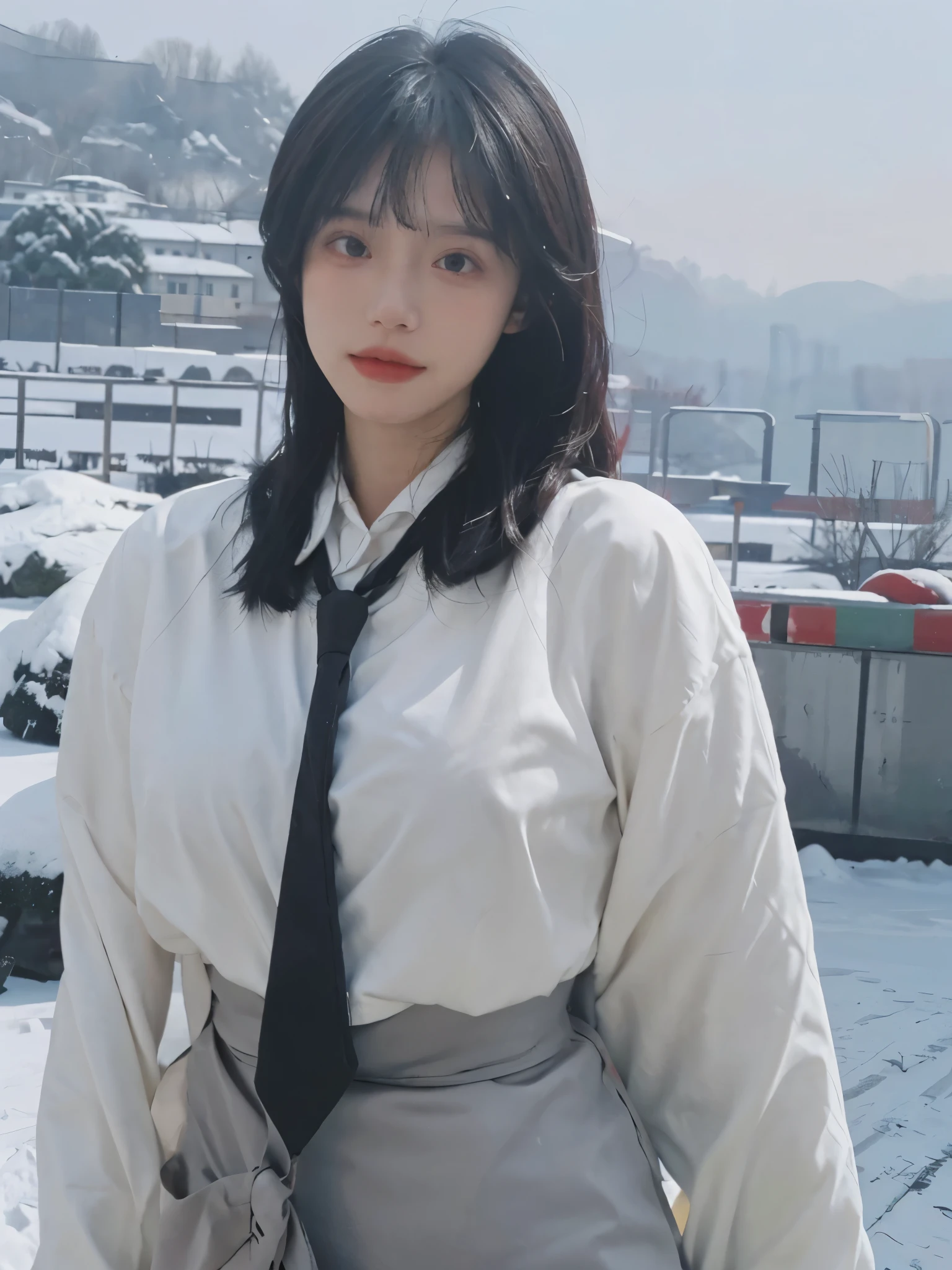 Best quality,masterpiece,Double tail,Ultra-high resolution,snow,16K,Snow background,(Photo Realism:1.4),1 Girl,JK,sexly,(shirt and tie:1.2),(Big breasts:2.3),(Upper body:1.4)