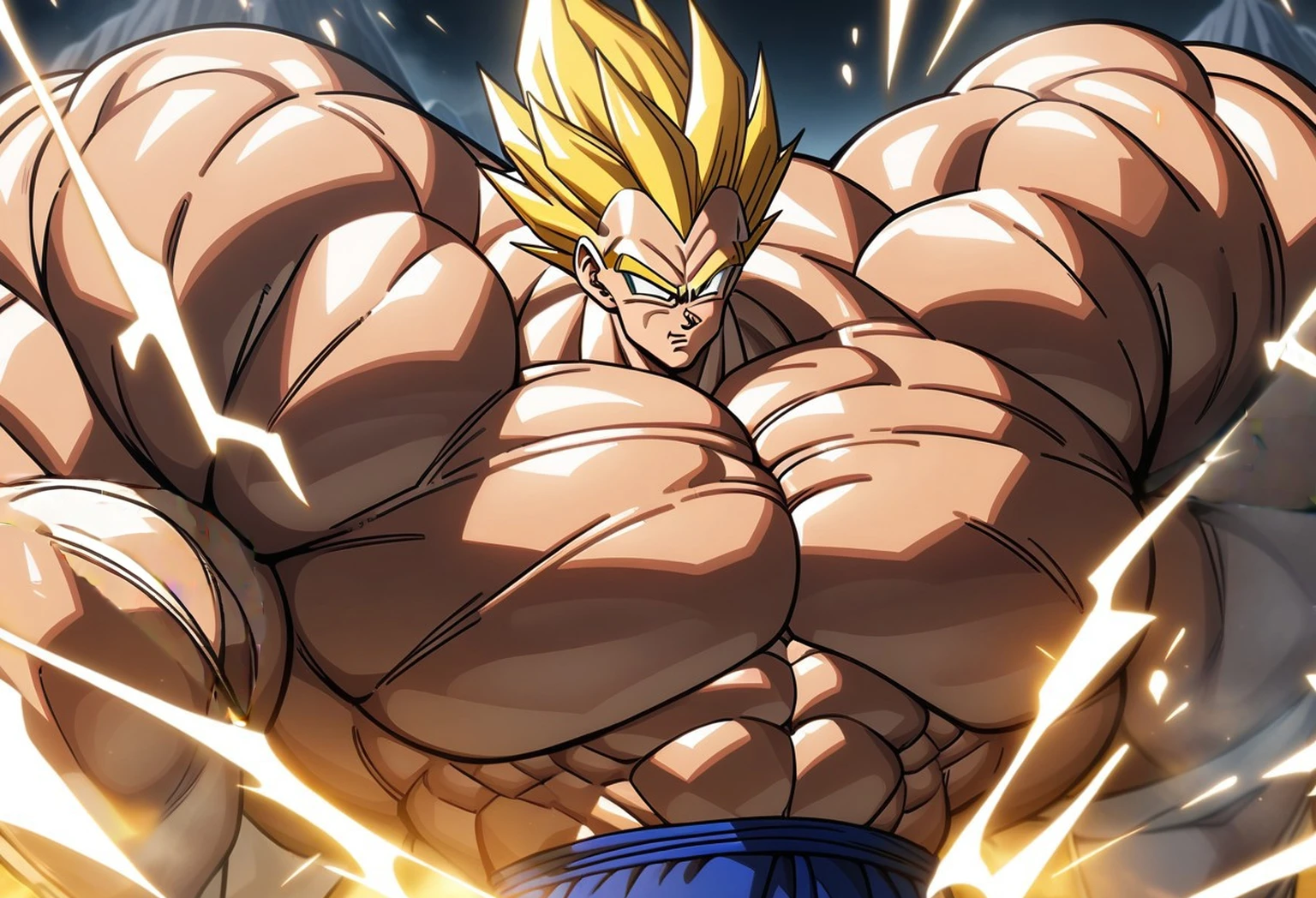 1boy, Vegeta, from Dragon Ball Z, masterpiece, best quality, very aesthetic, absurdres, saiyan, green eyes, spiked hair, (yellow hair:1.5), shirtless, blue skintight pants, white gloves, (huge muscles:2.5), dragonballartstyle, in the style of Akira Toriyama, white tiled floor, outdoors, flat-top mountains, nipples, yellow aura, electricity, (removed covered part:2), nipples