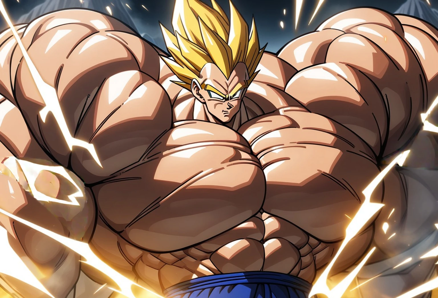 1boy, Vegeta, from Dragon Ball Z, masterpiece, best quality, very aesthetic, absurdres, saiyan, green eyes, spiked hair, (yellow hair:1.5), shirtless, blue skintight pants, white gloves, (huge muscles:2.5), dragonballartstyle, in the style of Akira Toriyama, white tiled floor, outdoors, flat-top mountains, nipples, yellow aura, electricity, (removed covered part:2), nipples