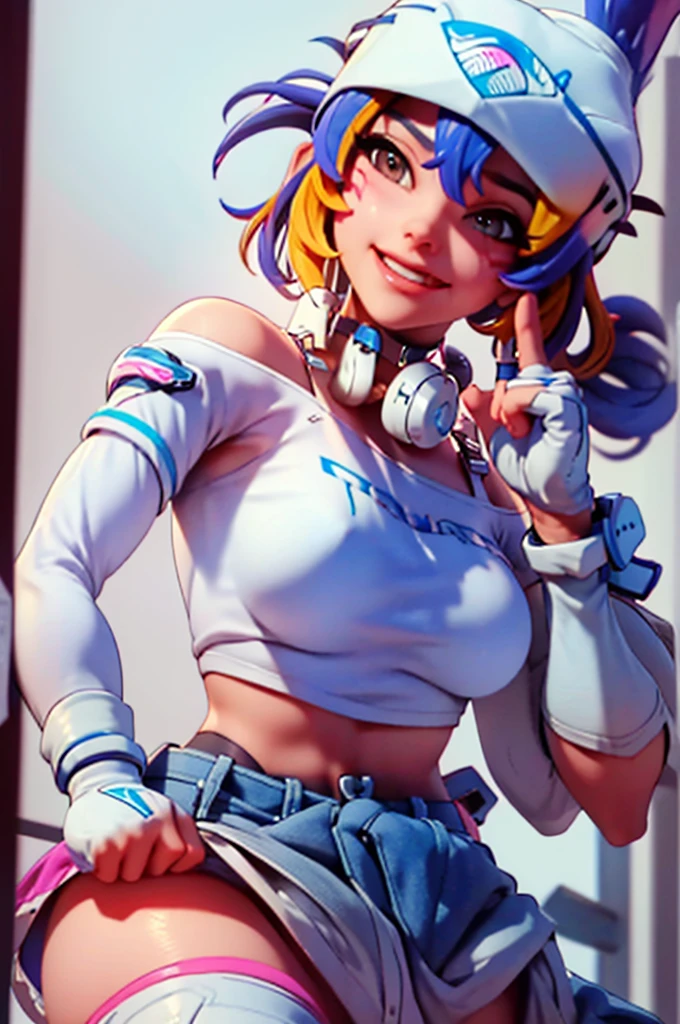 ((masterpiece, best quality)), 1girl, solo, Kiriko LeSserafim, upper body, short hair, brown eyes, multicolored hair, blue hair, yellow highlights, bangs, pink headwear, hair between eyes, (white off-shoulder shirt:1.5), ((gloves:1.5)), pointing to her face, fingerless gloves, hoop earrings, (white shirt:1.5), headphones around neck, thighhigh, white gloves, lace-up boots, boots, gloves, jacket around waist, thighhighs, breasts, headphones, standing, jewelry, bracelet, midriff, white crop top, cross-laced footwear single kneehigh, smile, earrings, jewelry, hat, looking at viewer, makeup, facepaint, facial mark, detached sleeves, lips, indoors, japanese house, hands on her face, portrait,  