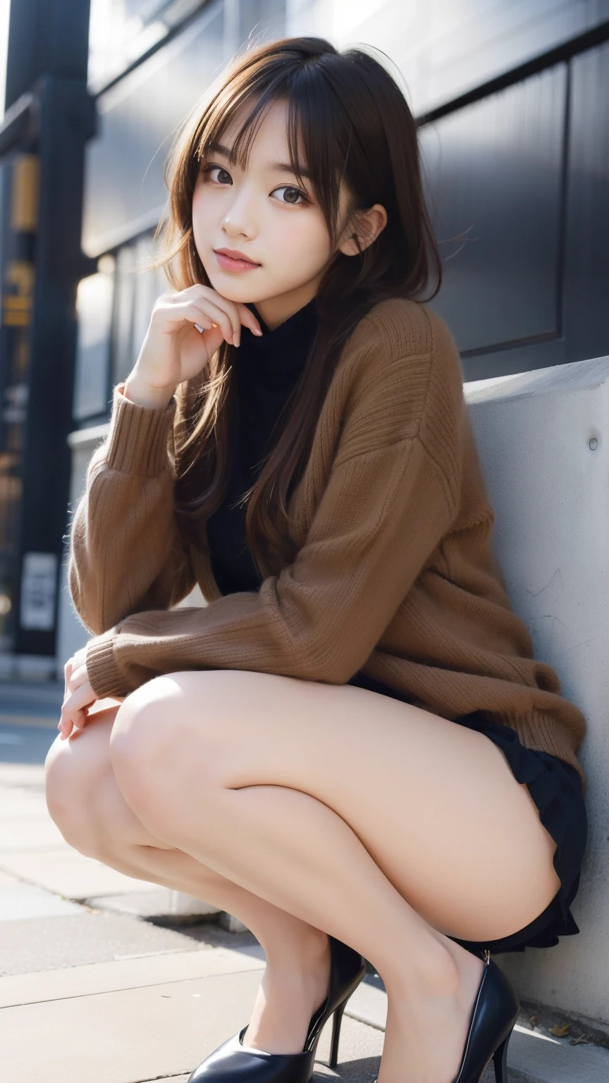 Photos taken by a professional photographer,Close-up of a woman squatting on the sidewalk with her legs crossed, Kiko Mizuhara, Wear a sweater, Shirahime cuts her brown hair, Wear a sweater, Young and pretty girl, Japanese Model, 白いWear a sweater, Chiho, ランダムカラーのカジュアルなWear a sweater,Cute eyed waves for short hair, a Cute young woman, Cute young woman, Black Pantyhose,black tights,Black high heels,