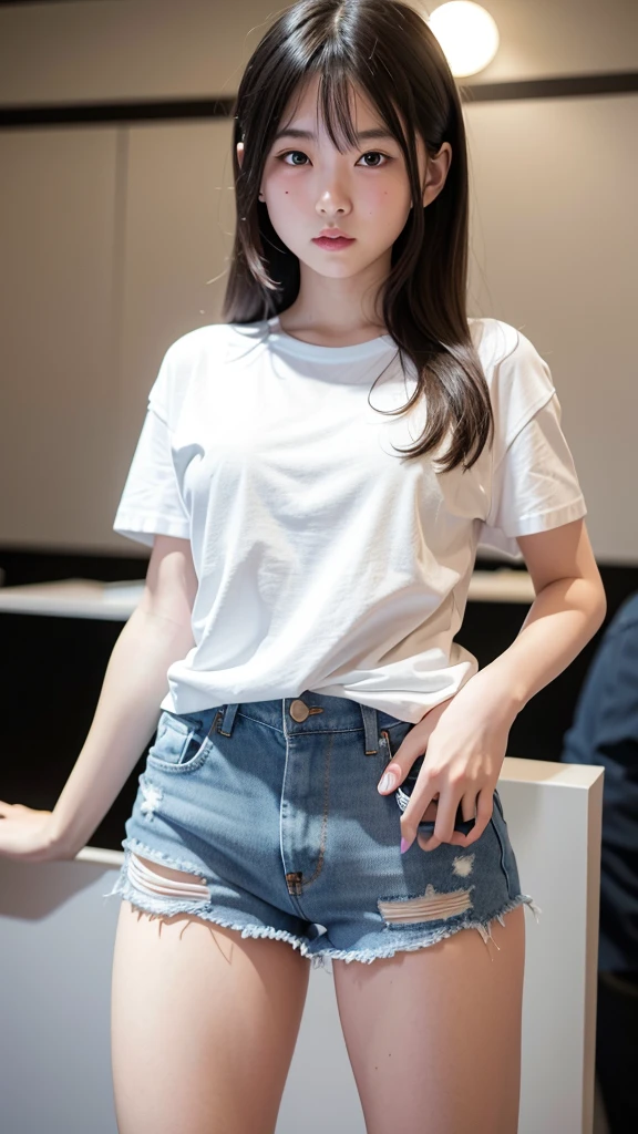 (((Open Stance)))、Large bust、 ((White T-shirt)), Gazing at the audience、((Denim shorts))、Standing with legs open to the sides、((Sexy young woman'Body:1.4)),smile、