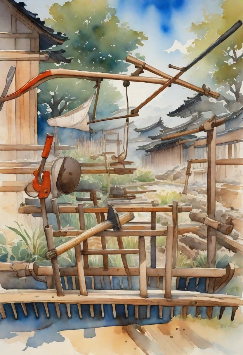 Farming tools,Agricultural era, wood ,Agricultural tools, Wooden frame,plows, timberwork,author:Randolph Caldecott, (Watercolor, masterpiece, Line Art, Illustration Art, Professional line art, Super complex and detailed, Chinese painting,8k:1.3)
