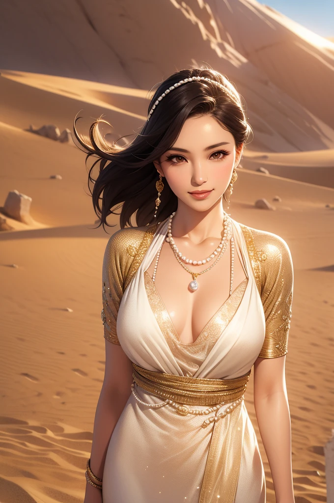 In the desert ,1 cute girl,Tighten your body,Garment Details,The garment features intricate gold threads,Pearl Necklace,White skin,View your viewers,Brown eyes,Actual,Are standing,smile,Low chest,Moderate,