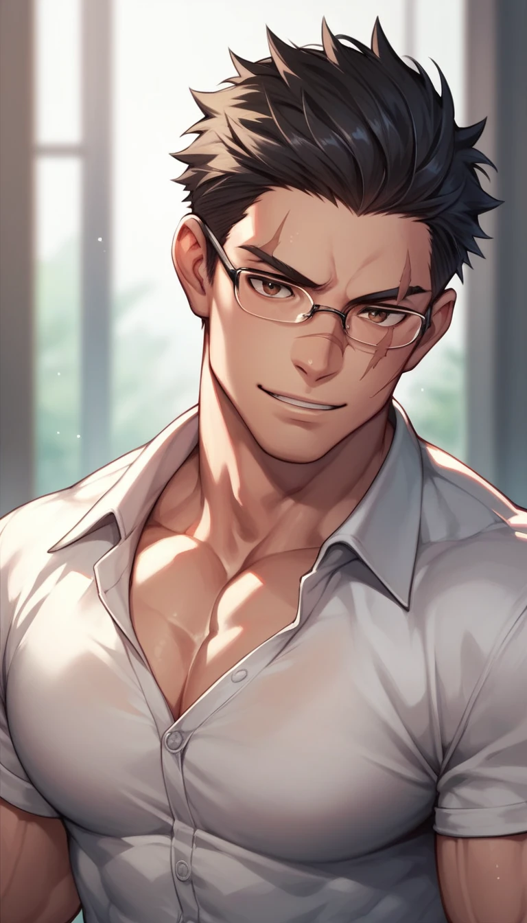 Male, black hair, hair parted in the middle, a scar on the right cheek, brown eyes, shirt, muscular, large chest Wear glasses