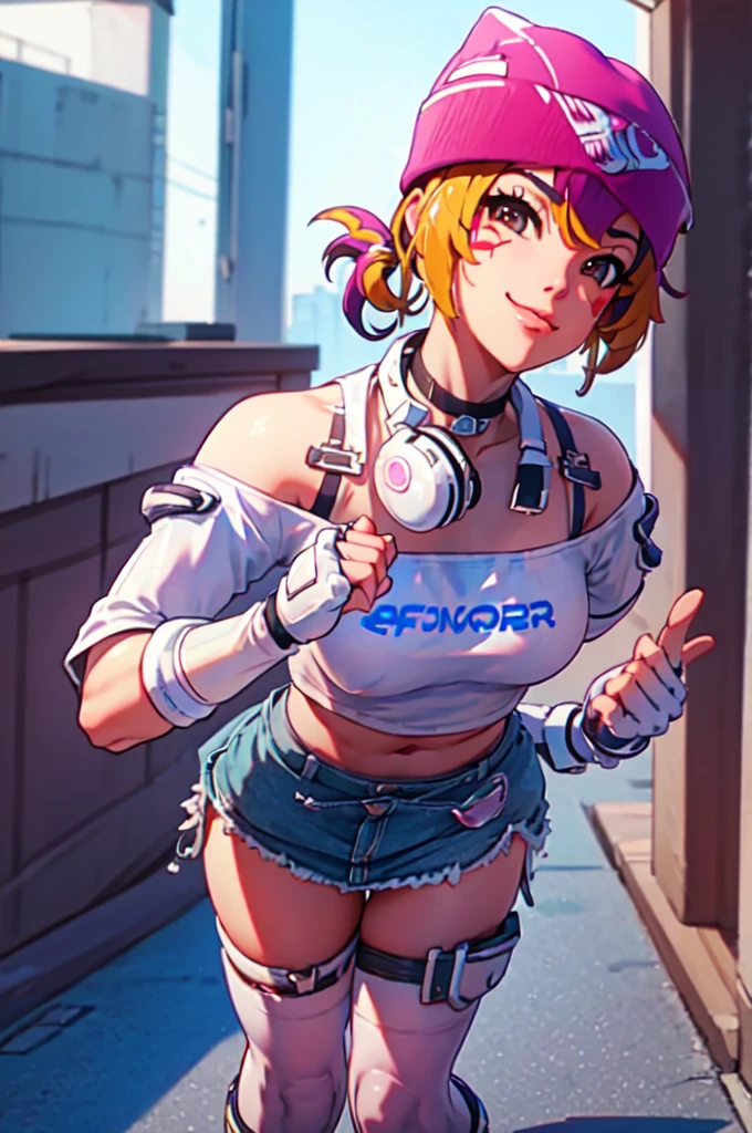 ((masterpiece, best quality)), 1girl, solo, Kiriko LeSserafim, upper body, short hair, brown eyes, multicolored hair, blue hair, yellow highlights, bangs, pink headwear, hair between eyes, (white off-shoulder shirt:1.5), ((gloves:1.5)), pointing to her face, fingerless gloves, hoop earrings, (white shirt:1.5), headphones around neck, thighhigh, white gloves, lace-up boots, boots, gloves, jacket around waist, thighhighs, breasts, headphones, standing, jewelry, bracelet, midriff, white crop top, cross-laced footwear single kneehigh, smile, earrings, jewelry, hat, looking at viewer, makeup, facepaint, facial mark, detached sleeves, lips, indoors, japanese house, hands on her face, portrait,  