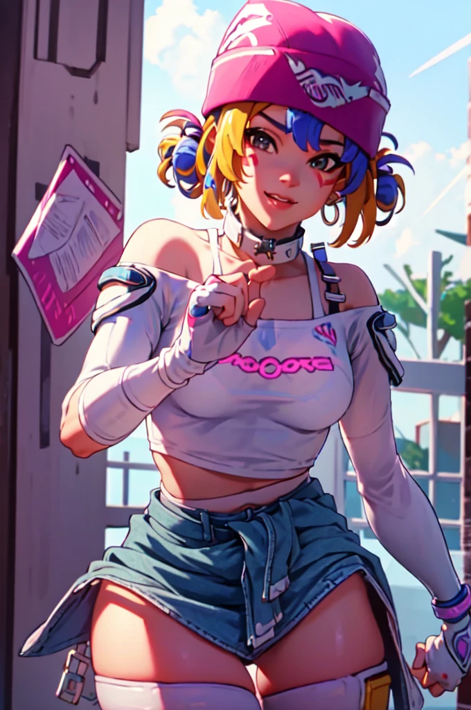 ((masterpiece, best quality)), 1girl, solo, Kiriko LeSserafim, upper body, short hair, brown eyes, multicolored hair, blue hair, yellow highlights, bangs, pink headwear, hair between eyes, (white off-shoulder shirt:1.5), ((gloves:1.5)), pointing to her face, fingerless gloves, hoop earrings, (white shirt:1.5), headphones around neck, thighhigh, white gloves, lace-up boots, boots, gloves, jacket around waist, thighhighs, breasts, headphones, standing, jewelry, bracelet, midriff, white crop top, cross-laced footwear single kneehigh, smile, earrings, jewelry, hat, looking at viewer, makeup, facepaint, facial mark, detached sleeves, lips, indoors, japanese house, hands on her face, portrait,  
