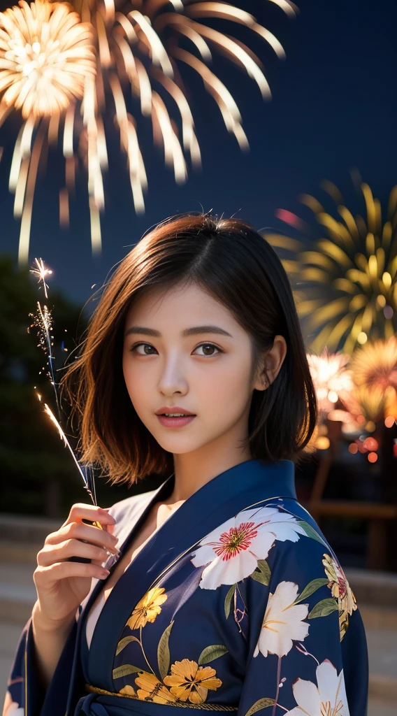 (8k、RAW Photosgraphy、Highest quality、masterpiece:1.2)、(Realistic、Photorealistic:1.37)、Ultra-high resolution、One Girl、cute、solo、night、Sitting、date、(Nose redness)、(Laughter:1.1)、(Closed)、huge 、Beautiful Eyes、(short hair:1.2)、(((Fireworks bursting into the sky、night)))、(((kimono、yukata)))、Cleavage、Perfect body、Perfect Fingers、Professional Lighting、Japanese Goddess、gravure、Detailed face and skin texture、Detailed eyes、RAW Photos