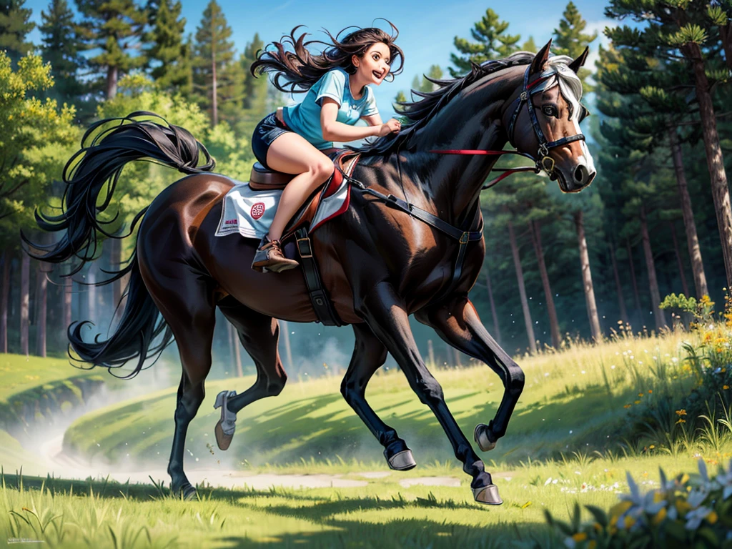 huge fat draft horse. Running cheerfully in grass meadow , contemporary art, Photorealistic , Very high resolution artwork , 8K ,  pine forest, bright blue sky. BBW Black african  rider.