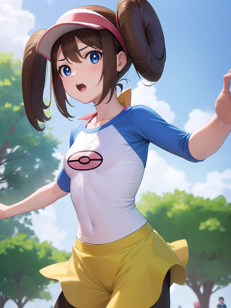 Rosa, Rosa, Brown Hair, Double Bang, doughnut Hair Bun, Hair Bun, blue eyes, Hair between the eyes, Twin tails, (Small breasts:1.2), Open your mouth, Embarrassing,
break pantyhose, Pantyhose under shorts, Raglan sleeves, skirt, yellow skirt, White shirt, Blue Sleeve, Long sleeve, Visor Cap,
break looking at viewer, Upper Body, whole body,
break outdoors,
break (masterpiece:1.2), Highest quality, High resolution, unity 8k wallpaper, (figure:0.8), (Beautiful attention to detail:1.6), Highly detailed face, Perfect lighting, Highly detailed CG, (Perfect hands, Perfect Anatomy),