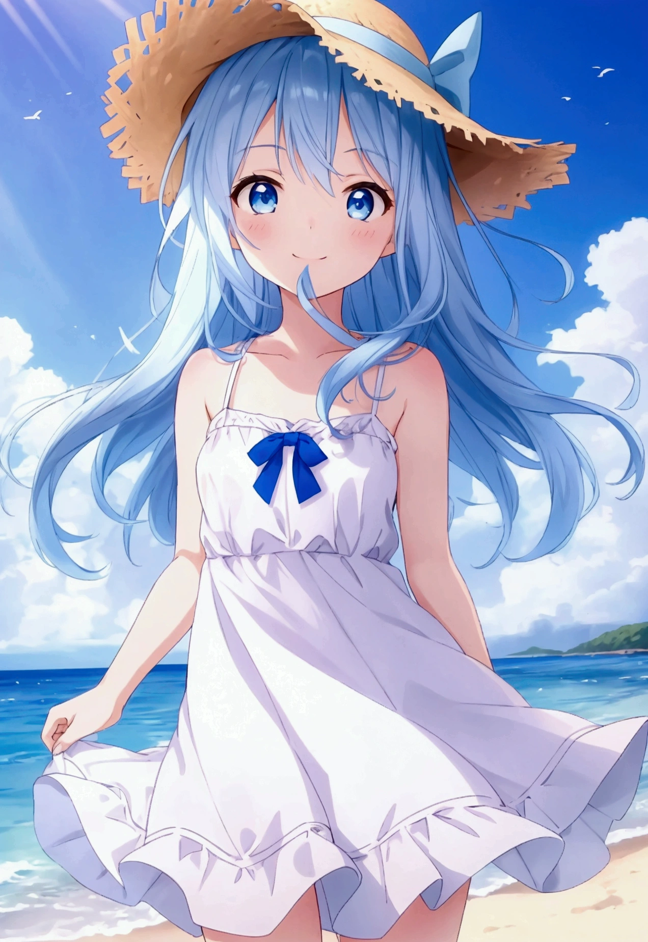 Best quality, ultra high res, 13 year old girl, long light blue hair, wearing a blue and white beach dress, gentle smile, blue eyes, standing on a beach, sunshine, bright sky, her hands behind her back, her hair and dress being blown gently by the wind, wearing a straw hat with a blue bow