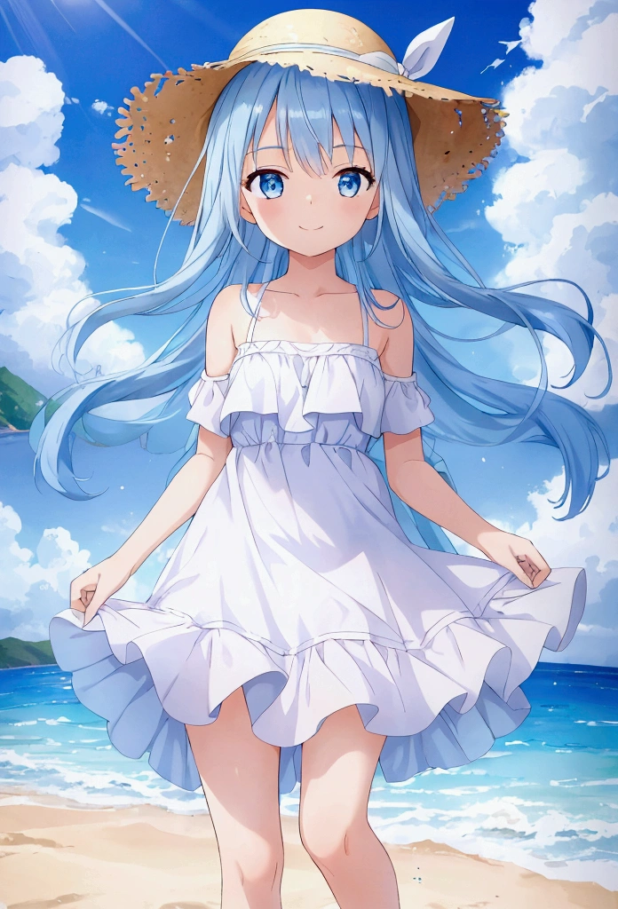 Best quality, ultra high res, 13 year old girl, long light blue hair, wearing a blue and white beach dress, gentle smile, blue eyes, standing on a beach, sunshine, bright sky, her hands behind her back, her hair and dress being blown gently by the wind, wearing a straw hat with a blue bow