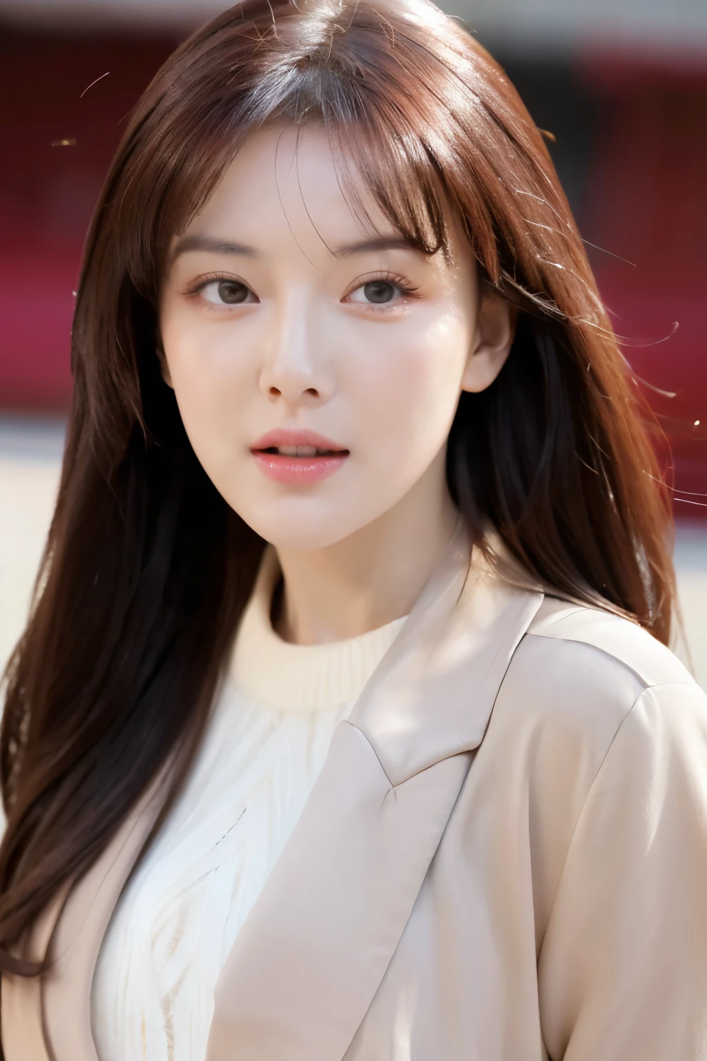 (Ultra-realistic, high resolution, 8k wallpapers) , Complete dynamic configuration, minimalist Background, beautiful detailed eyes, normal sized eyes, long straight hair, red hair vibrant lips, big bust, Random and plain generic poses, random case, winked, 31 year old woman, Korean woman, (drooping eyes 1.2), (sagging eyebrows 1.2), very beautiful appearance, slim body, natural makeup, nsfw, (full body view)
