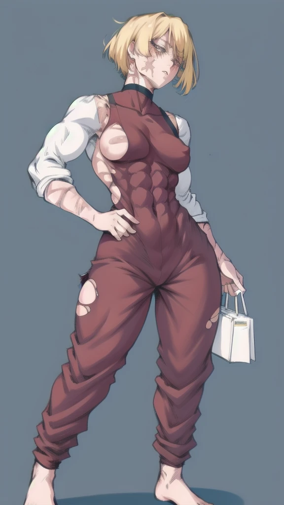 Full body image of Maki Zenin from Jujutsu Kaisen, full body in image, wearing her post-clan outfit (sleeves torn, harem pants), visible scars, short dark hair, female body, athletic and muscular body, dynamic pose, detailed pose, simple background, expressive face showing determination, focus on face, line art, sketch