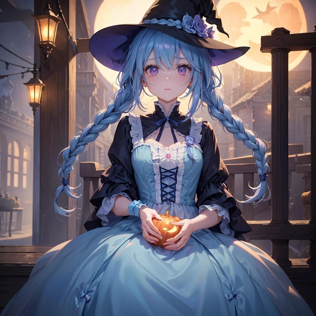 (Light blue medium hair),(Braided hair:1.2)、Pink eyes、Fair skin、cowboy shot、Halloween、The background is a pumpkin ghost、Crescent Moon、Trick or Treat、A lot of sweets、witch、Halloween night、Candy、many bat、Condescending expression、solo、(masterpiece、Highest quality、Very detailed、Best Shadow)、(Detailed Background)、(Beautifully detailed face)、High contrast、(Best lighting、Very delicate and beautiful)、(Cinematic Light)、colorful、Hyper Detail、Dramatic Light、Exquisite detail、