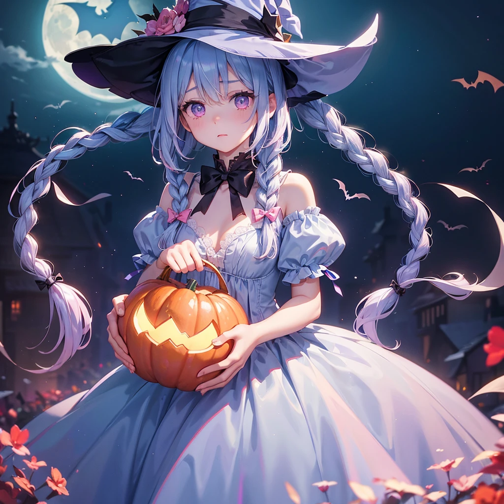 (Light blue medium hair),(Braided hair:1.2)、Pink eyes、Fair skin、cowboy shot、Halloween、The background is a pumpkin ghost、Crescent Moon、Trick or Treat、A lot of sweets、witch、Halloween night、Candy、many bat、Condescending expression、solo、(masterpiece、Highest quality、Very detailed、Best Shadow)、(Detailed Background)、(Beautifully detailed face)、High contrast、(Best lighting、Very delicate and beautiful)、(Cinematic Light)、colorful、Hyper Detail、Dramatic Light、Exquisite detail、