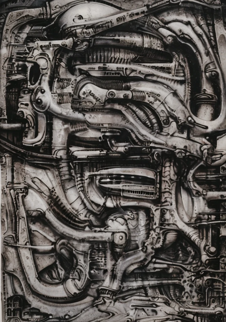 g1g3r, The image is a detailed view of H.R. Giger's biomechanical tableau \" LANDSCAPE No 312 \" plate, featuring
a complex, intricate, and detailed design of endless Machine in the transit spaceover the cascade of fallen water, that appears to be a fusion of organic and mechanical elements, with a focus on the interplay between the two.The piece is a tableau, most likely created with a India ink pen or pencil on paper, determined by the thin lines, shading techniques, and the texture of the paper, which is visible around the edges.
Used is pen, given the shading and variations in line weight visible in the image. Artist have used a variety of stylus with different degrees of hardness to achieve the shading effects.
The use of undersaturated green-grays dark contrasts creates a stark and graphic look. Is used a variety of linework techniques to create different textures. Fine, parallel lines create a smooth, metallic texture,while thicker, more cursive lines suggest cables or wires.
Light source from the top highlights skeletals, pper part of foreground, lower part of image is in shadowupper part of foreground, lower part of image is in shadow.
The art performance showcases the artist’s skills in observation and rendering. The level of detail in the piece suggests a close study of real bone specimens and mechanics. The artist has skillfully used shading techniques to create a convincing illusion of three-dimensionality on a flat surface. The wrinkles and cracks in the surface, and the cast shadows with accuracy, used shading techniques to create a realistic depiction of light and shadow on the objects. This creates a sense of depth and dimension in the image. The artist has used careful linework to depict the contours and textures in the piece
Sharp focus on foreground elements illustration. Deep and delicate DOF. Big painting. Stored in Louvre masterpiece, ooze soaked pajama top