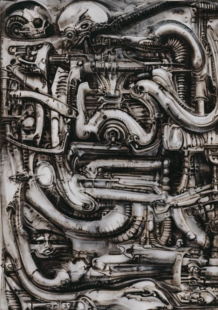 g1g3r, The image is a detailed view of H.R. Giger's biomechanical tableau \" LANDSCAPE No 312 \" plate, featuring
a complex, intricate, and detailed design of endless Machine in the transit spaceover the cascade of fallen water, that appears to be a fusion of organic and mechanical elements, with a focus on the interplay between the two.The piece is a tableau, most likely created with a India ink pen or pencil on paper, determined by the thin lines, shading techniques, and the texture of the paper, which is visible around the edges.
Used is pen, given the shading and variations in line weight visible in the image. Artist have used a variety of stylus with different degrees of hardness to achieve the shading effects.
 The use of undersaturated green-grays dark contrasts creates a stark and graphic look. Is used a variety of linework techniques to create different textures. Fine, parallel lines create a smooth, metallic texture,while thicker, more cursive lines suggest cables or wires.
Light source from the top highlights skeletals, pper part of foreground, lower part of image is in shadowupper part of foreground, lower part of image is in shadow.
The art performance showcases the artist’s skills in observation and rendering. The level of detail in the piece suggests a close study of real bone specimens and mechanics. The artist has skillfully used shading techniques to create a convincing illusion of three-dimensionality on a flat surface. The wrinkles and cracks in the surface, and the cast shadows with accuracy, used shading techniques to create a realistic depiction of light and shadow on the objects. This creates a sense of depth and dimension in the image. The artist has used careful linework to depict the contours and textures in the piece
Sharp focus on foreground elements illustration. Deep and delicate DOF. Big painting. Stored in Louvre masterpiece, ooze soaked pajama top
