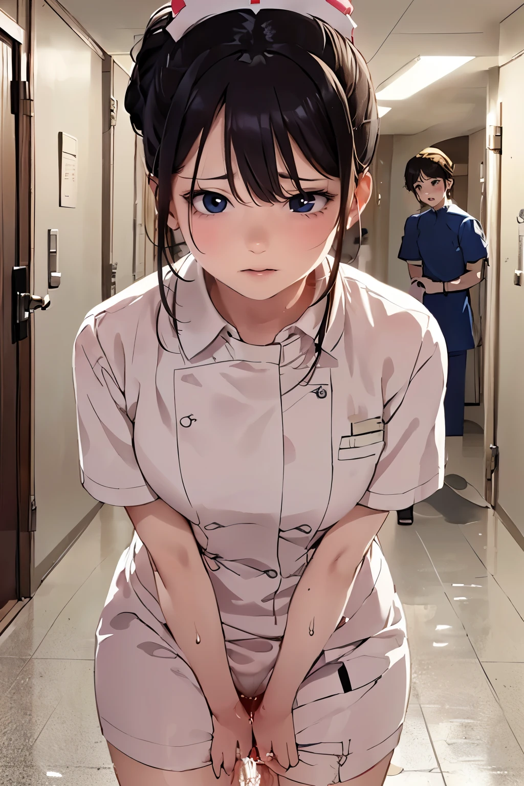 (depicting a single moment from a manga for adults), (hand-drawn), ((manga-style background)), ((a nurse, nurse-uniform with stain by pee, sweat)), (((round face))), drooping eyes, in the hospital corridor, ceiling, curtain, (((incontinent, humiliated, peeing))), ((embarrassing)), (hair up), 