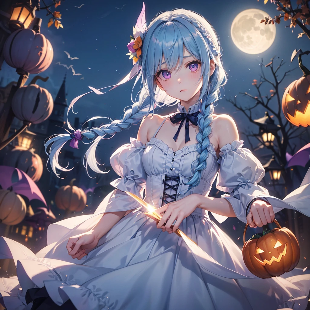(Light blue medium hair),(Braided hair:1.2)、Pink eyes、Fair skin、cowboy shot、Halloween、The background is a pumpkin ghost、Crescent Moon、Trick or Treat、A lot of sweets、witch、Halloween night、Candy、many bat、Condescending expression、solo、(masterpiece、Highest quality、Very detailed、Best Shadow)、(Detailed Background)、(Beautifully detailed face)、High contrast、(Best lighting、Very delicate and beautiful)、(Cinematic Light)、colorful、Hyper Detail、Dramatic Light、Exquisite detail、