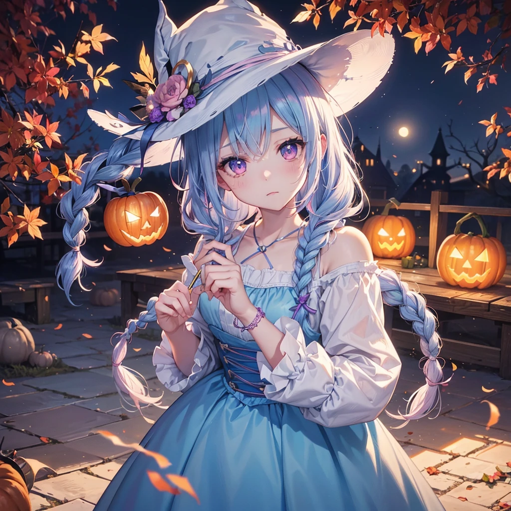 (Light blue medium hair),(Braided hair:1.2)、Pink eyes、Fair skin、cowboy shot、Halloween、The background is a pumpkin ghost、Crescent Moon、Trick or Treat、A lot of sweets、witch、Halloween night、Candy、many bat、Condescending expression、solo、(masterpiece、Highest quality、Very detailed、Best Shadow)、(Detailed Background)、(Beautifully detailed face)、High contrast、(Best lighting、Very delicate and beautiful)、(Cinematic Light)、colorful、Hyper Detail、Dramatic Light、Exquisite detail、