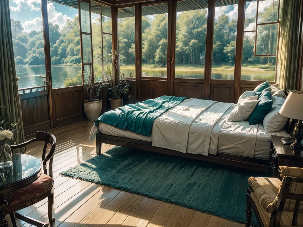 8K HD，Blue sky and white clouds，Glass House，Glass House，There is a big green bed in the room，Green curtains，There is a table here，TV，There is one，With light，With bookshelf，Red curtains，Large glass windows all around，Overlooking the panoramic view，The most important thing is the bed。Outside the window is river and lake water，Outdoor scenery forest rural scenery forest landscape trees scenery