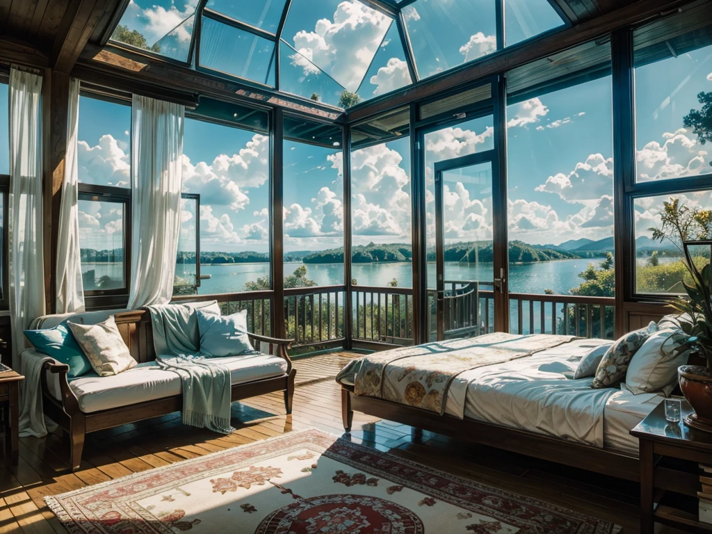 8K HD，Blue sky and white clouds，Glass House，Glass House，There is a big green bed in the room，Green curtains，There is a table here，TV，There is one，With light，With bookshelf，Red curtains，Large glass windows all around，Overlooking the panoramic view，The most important thing is the bed。Outside the window is river and lake water，Outdoor scenery forest rural scenery forest landscape trees scenery