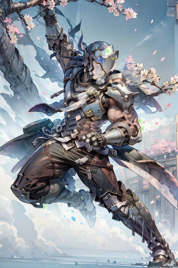 male focus,genji,panorama,full_shot,ninjamecha,full armor,cherry blossoms,blue sky,east asian architecture,ink wash painting,helmet,full body,heavy armor,power armor,, masterpiece,best quality,highres,ultra high res,(abstract art:1.2),2d,(highlydetailed),(colorful),(intenseexpression),(fashionable),