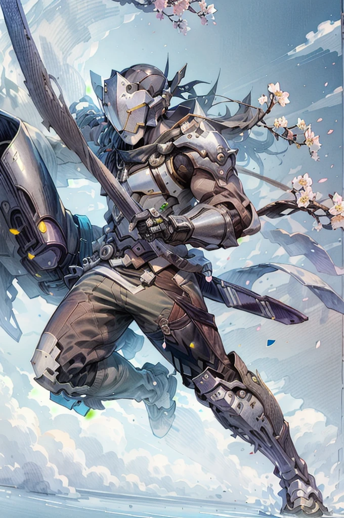 male focus,genji,panorama,full_shot,ninjamecha,full armor,cherry blossoms,blue sky,east asian architecture,ink wash painting,helmet,full body,heavy armor,power armor,, masterpiece,best quality,highres,ultra high res,(abstract art:1.2),2d,(highlydetailed),(colorful),(intenseexpression),(fashionable),