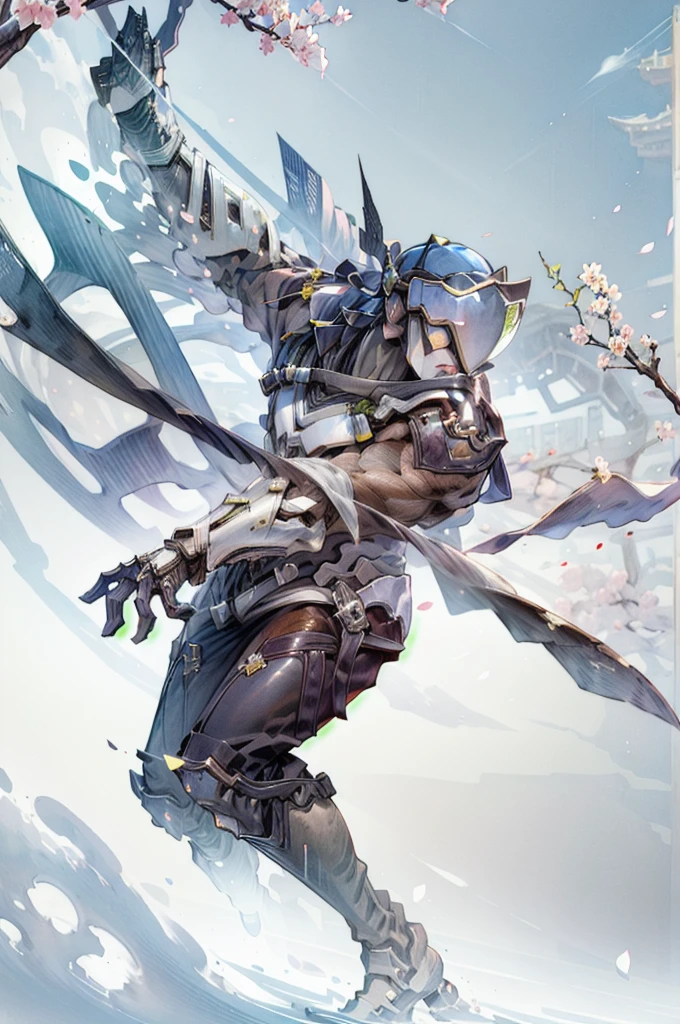 male focus,genji,panorama,full_shot,ninjamecha,full armor,cherry blossoms,blue sky,east asian architecture,ink wash painting,helmet,full body,heavy armor,power armor,, masterpiece,best quality,highres,ultra high res,(abstract art:1.2),2d,(highlydetailed),(colorful),(intenseexpression),(fashionable),