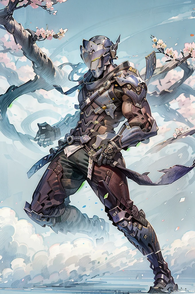 male focus,genji,panorama,full_shot,ninjamecha,full armor,cherry blossoms,blue sky,east asian architecture,ink wash painting,helmet,full body,heavy armor,power armor,, masterpiece,best quality,highres,ultra high res,(abstract art:1.2),2d,(highlydetailed),(colorful),(intenseexpression),(fashionable),