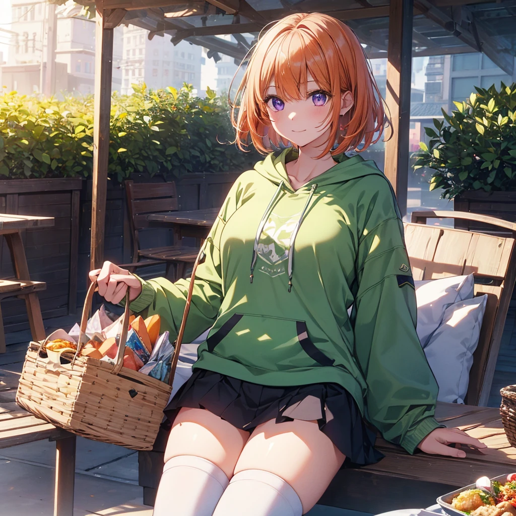 (Recall,food:1.3),(picnic:1.3),basket, Park with a view, Highest quality, grassland park, blue sky, hiking, Best image quality,Perfect Anatomy,masterpiece,Ultra-detailed,beautiful,super high quality, Highest quality,High resolution, Very detailed,Game CG,Dutch Angle ,beautiful細部までこだわった目,Visual Arts,Five Fingers, Perfect hands,Hide your hands, {{{One Girl}}}, beautiful詳細な女の子, Game CG, Spring flower, One curl on the outside, Short Bob Hair, Pastel orange hair, Purple eyes,Stylish accessories solo, breast enhancement, Medium Shoot, woman, Take-out, Laughter, huge ,,Pastel green checkered mini skirt,Black knee-highs, {{{{{Wearing a pastel green hoodie}}}}},Open your mouth, wonderful, beautiful細部までこだわった目, Highest quality, Very delicate,Masseter muscle area,Highest quality,(Official Art、Highest quality、Unity 8k wallpaper、32K、masterpiece、Ultra-detailed、超High resolution、Realistic、Photorealistic:1.2)、(Cinema Lighting:1.2)、Fire Glow Effect、The most grainy shadows on the film、Side light、Side Shot、(Ultra-detailedで複雑な3Dレンダリング)、Atelier Series, Multiple Girls.