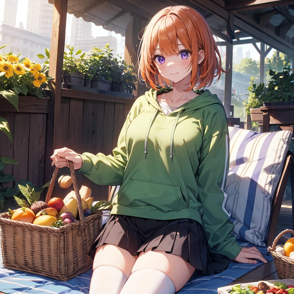 (Recall,food:1.3),(picnic:1.3),basket, Park with a view, Highest quality, grassland park, blue sky, hiking, Best image quality,Perfect Anatomy,masterpiece,Ultra-detailed,beautiful,super high quality, Highest quality,High resolution, Very detailed,Game CG,Dutch Angle ,beautiful細部までこだわった目,Visual Arts,Five Fingers, Perfect hands,Hide your hands, {{{One Girl}}}, beautiful詳細な女の子, Game CG, Spring flower, One curl on the outside, Short Bob Hair, Pastel orange hair, Purple eyes,Stylish accessories solo, breast enhancement, Medium Shoot, woman, Take-out, Laughter, huge ,,Pastel green checkered mini skirt,Black knee-highs, {{{{{Wearing a pastel green hoodie}}}}},Open your mouth, wonderful, beautiful細部までこだわった目, Highest quality, Very delicate,Masseter muscle area,Highest quality,(Official Art、Highest quality、Unity 8k wallpaper、32K、masterpiece、Ultra-detailed、超High resolution、Realistic、Photorealistic:1.2)、(Cinema Lighting:1.2)、Fire Glow Effect、The most grainy shadows on the film、Side light、Side Shot、(Ultra-detailedで複雑な3Dレンダリング)、Atelier Series, Multiple Girls．