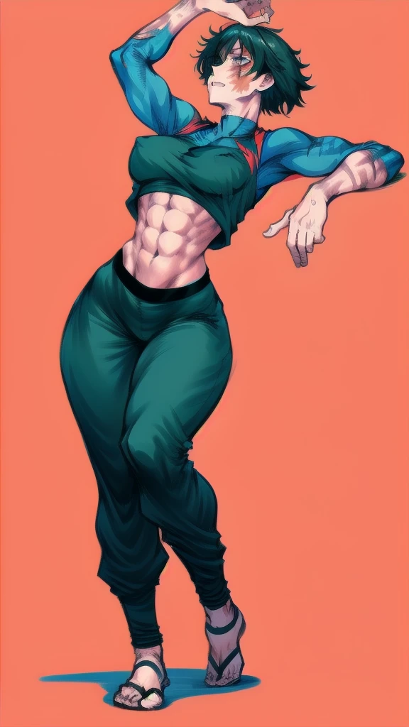Full body image of Maki Zenin from Jujutsu Kaisen, full body in image, wearing her post-clan outfit (sleeves torn, harem pants), visible scars, short dark hair, female body, athletic and muscular body, dynamic pose, detailed pose, simple background, expressive face showing determination, focus on face, line art, sketch
