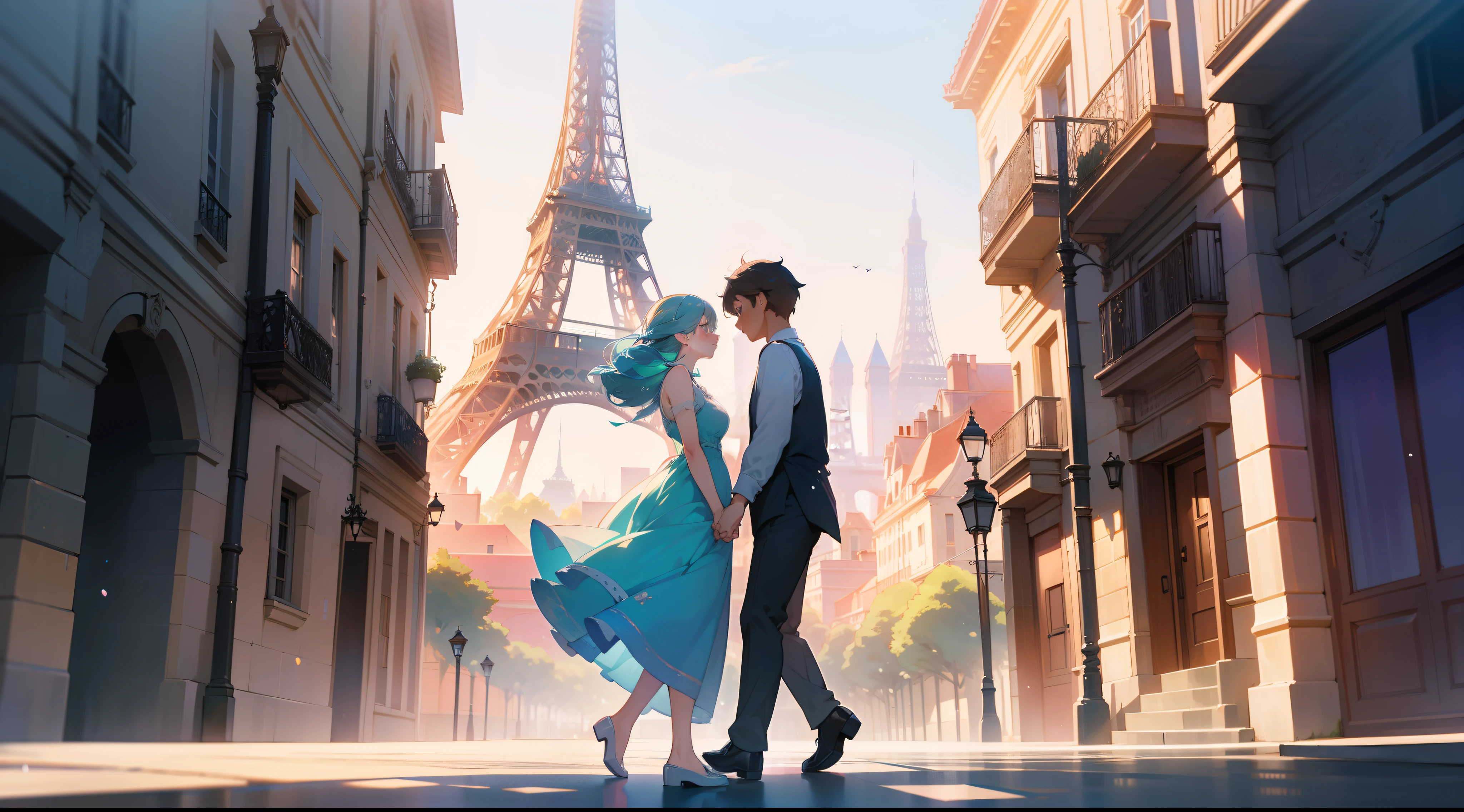 A beautiful couple is walking in a typical French street with the Eiffel tower in the background, elegant summer clothes, clear sunny day, high resolution, high definition, intricate details, dynamic composition, pastel colors, panoramic view, full body shot, soft lighting, bokeh, anime style