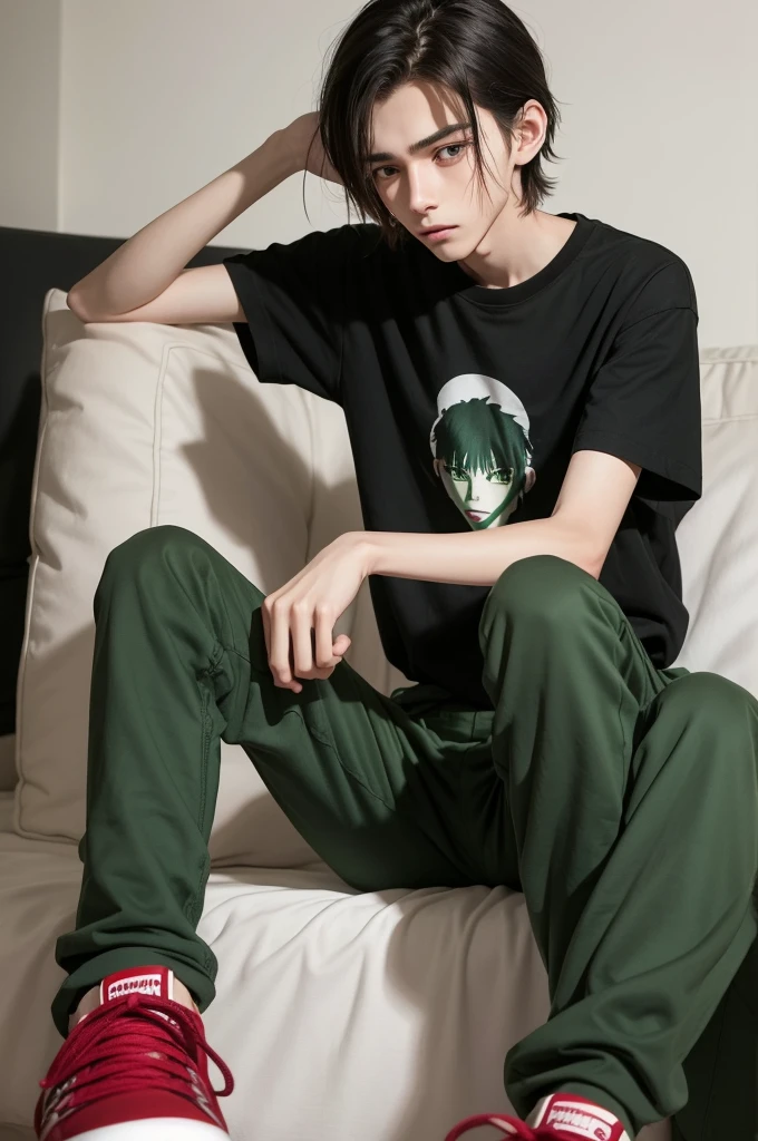 Skinny 16 year old man crying sitting on the bed his hair is messy and he is ugly and he is wearing a black shirt and green pants and red sneakers and he is very thin